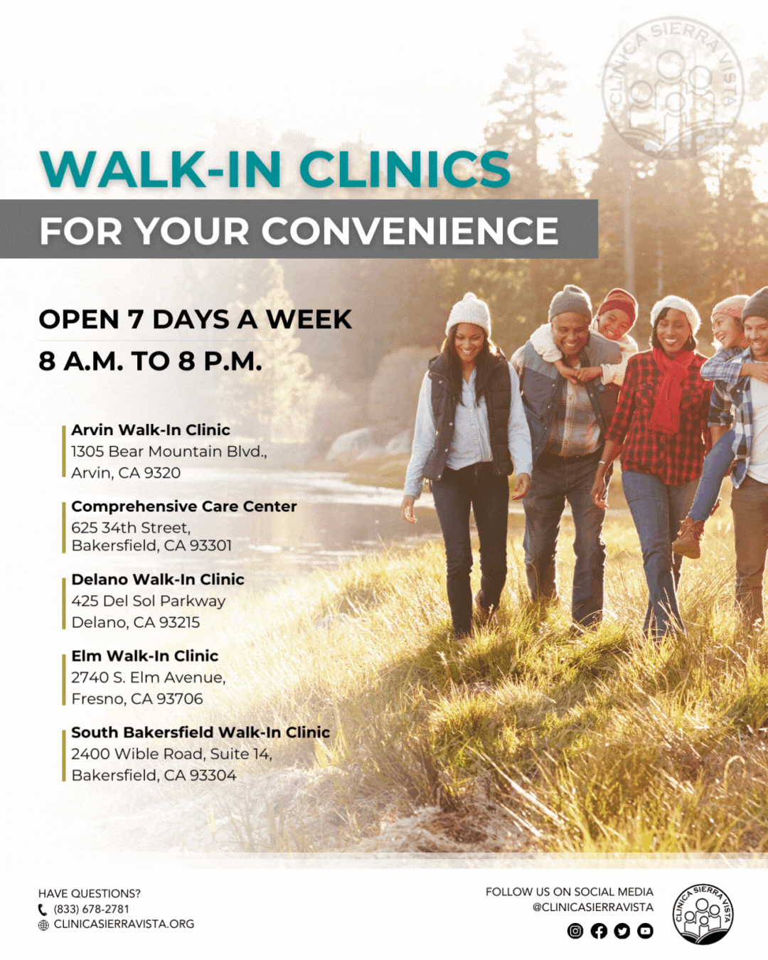Walk-In Clinics open 7 days a week from 8 AM to 8 PM